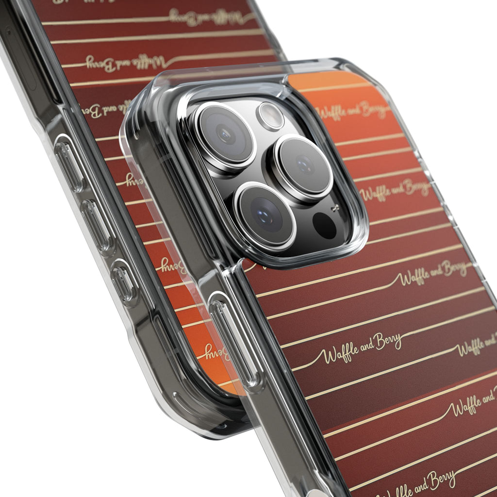 Clear Magnetic Phone Case — Striped Brown Gradient with "Waffles and Brgrs" Script