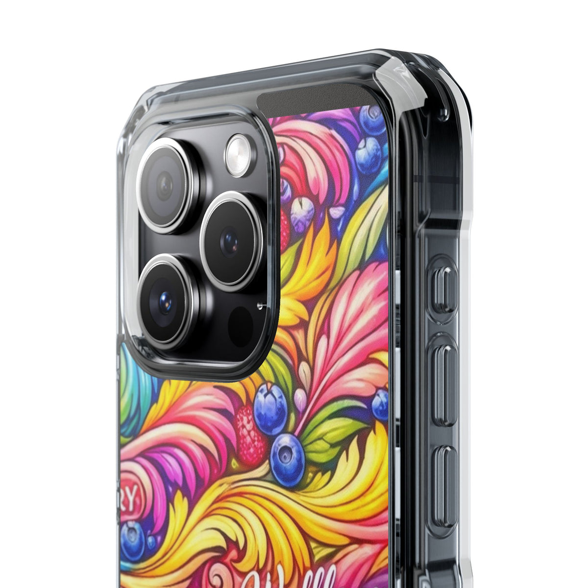 Splash Berry Clear Magnetic Phone Case — Bright Rainbow Swirl Design (Waffle and Berry text)