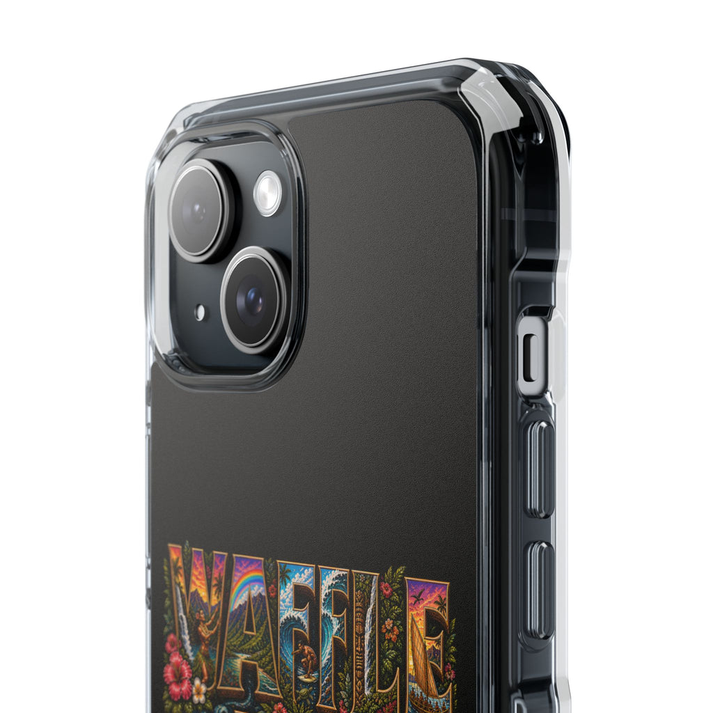 Clear Magnetic Phone Case — Bright Rainbow Swirl Design (Waffle and Berry text)