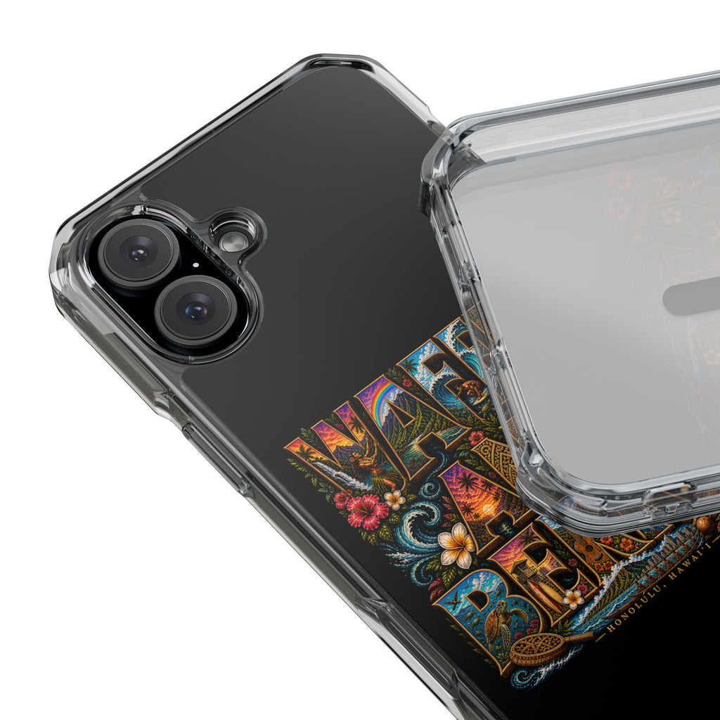 Clear Magnetic Phone Case — Bright Rainbow Swirl Design (Waffle and Berry text)