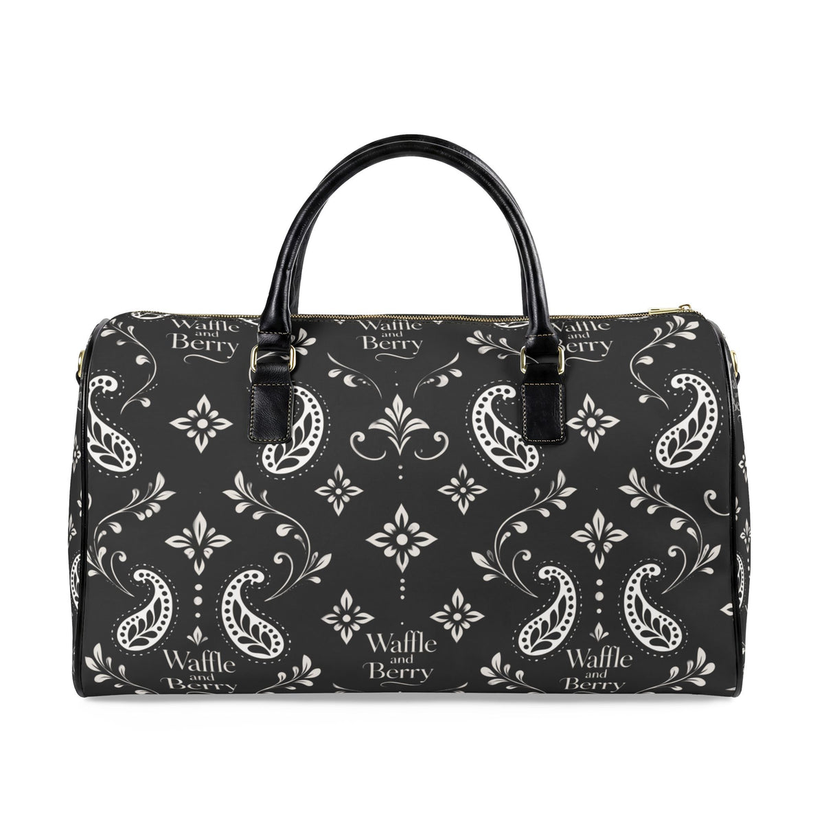 Black Paisley travel bag, opposite broad side with cream floral and paisley pattern and black handles.