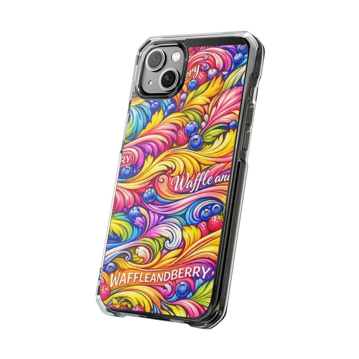 Splash Berry Clear Magnetic Phone Case — Bright Rainbow Swirl Design (Waffle and Berry text)