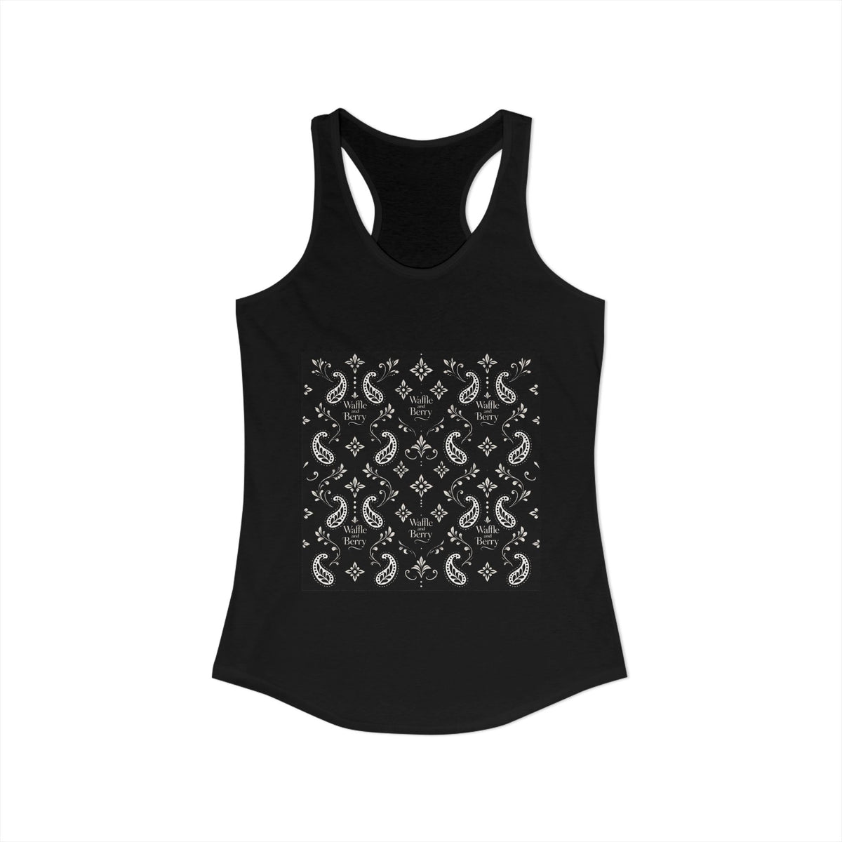 Black Paisley Racerback Tank, alternate front product view showing the rectangular cream paisley and logo print.