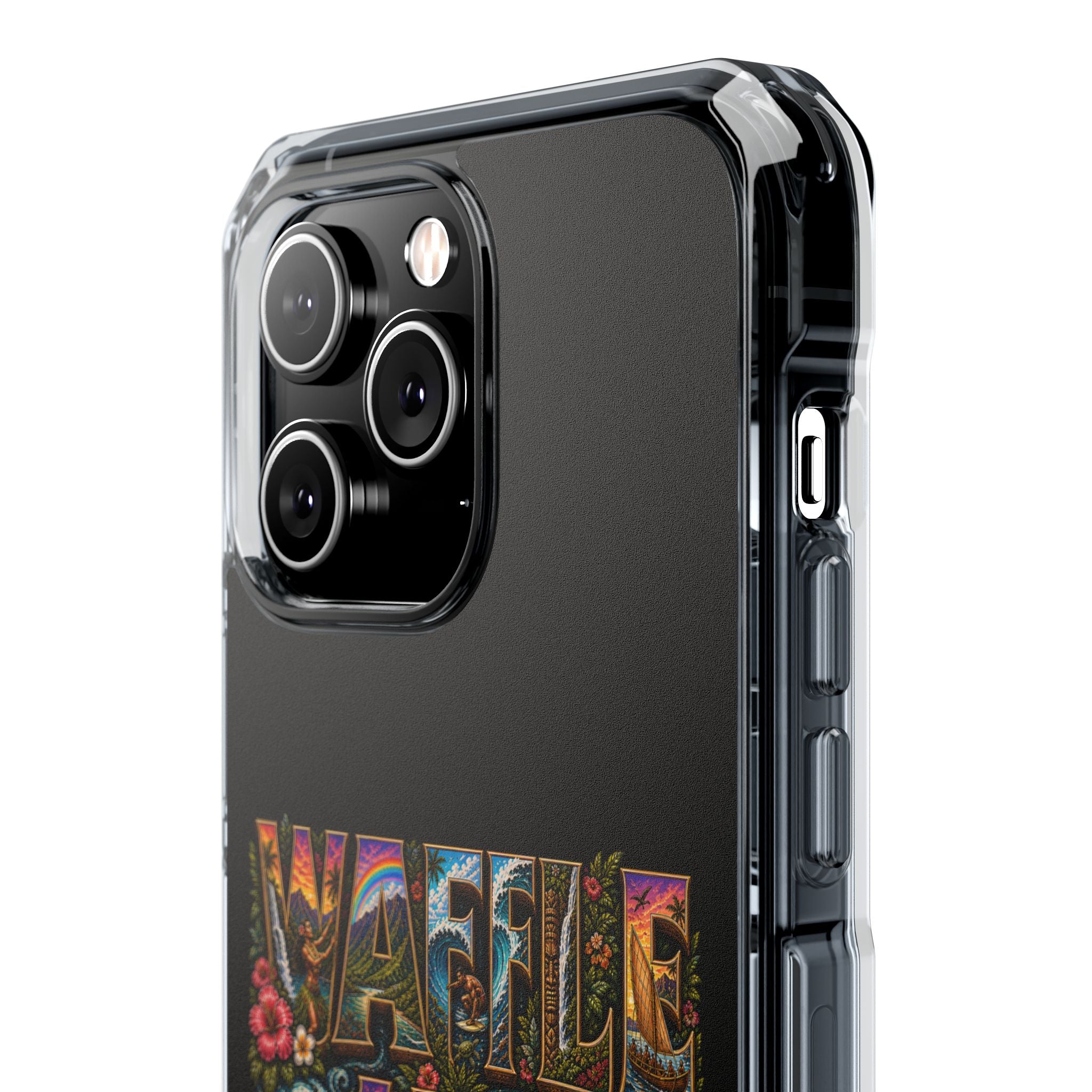Clear Magnetic Phone Case — Bright Rainbow Swirl Design (Waffle and Berry text)
