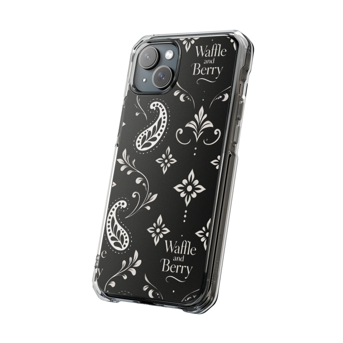 Paisley Clear Magnetic Phone Case — Bright Rainbow Swirl Design (Waffle and Berry text)