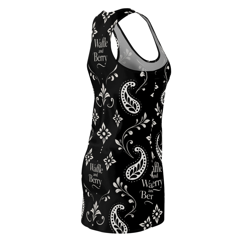 Black Paisley Waffle and Berry racerback dress, angled front and back views