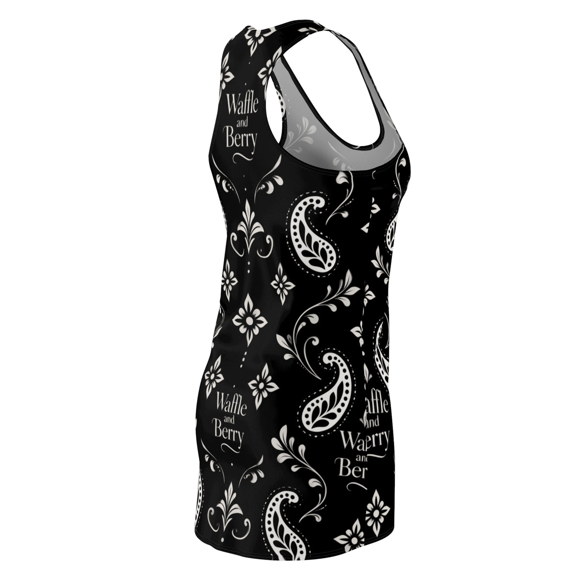 Black Paisley Waffle and Berry racerback dress, angled front and back views