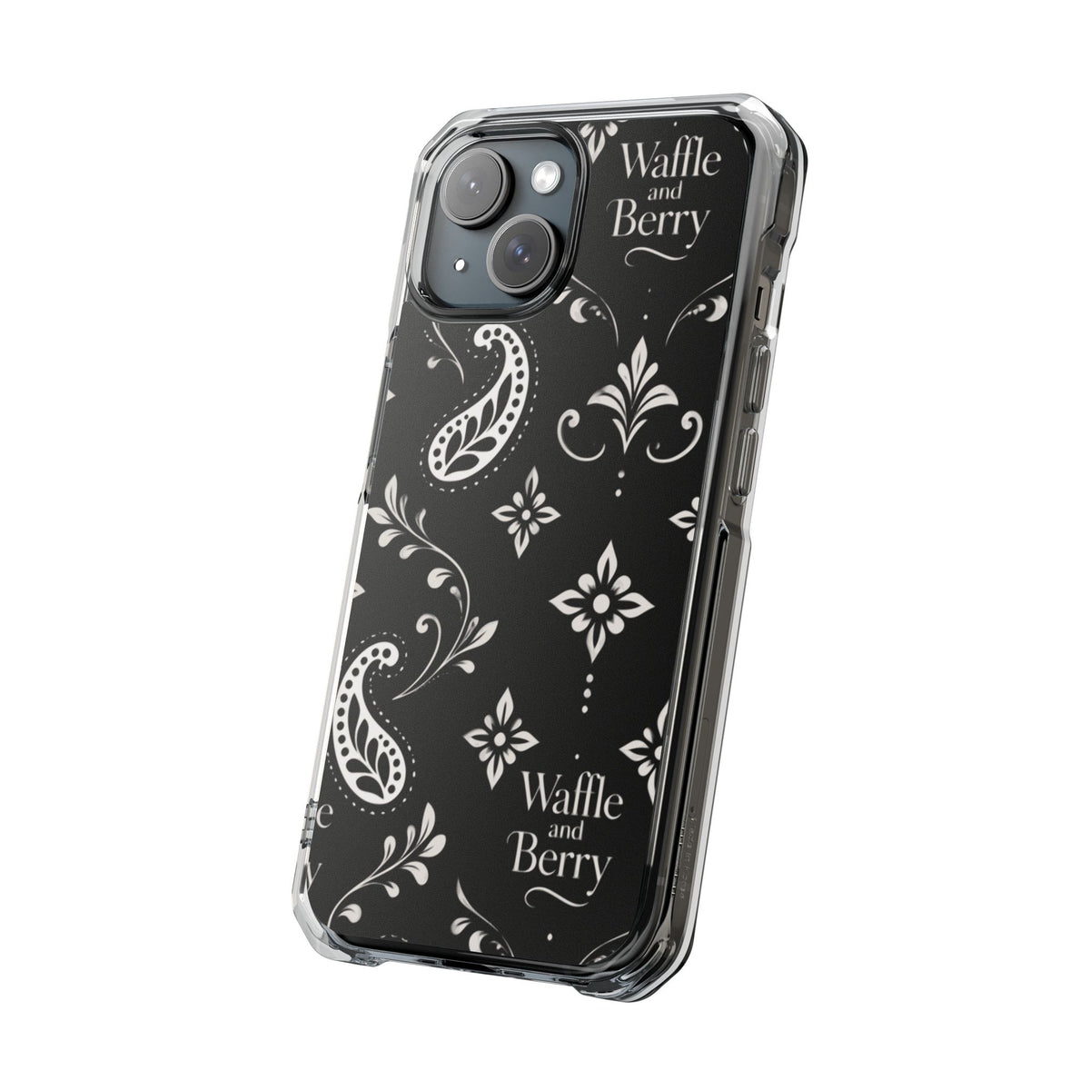 Paisley Clear Magnetic Phone Case — Bright Rainbow Swirl Design (Waffle and Berry text)