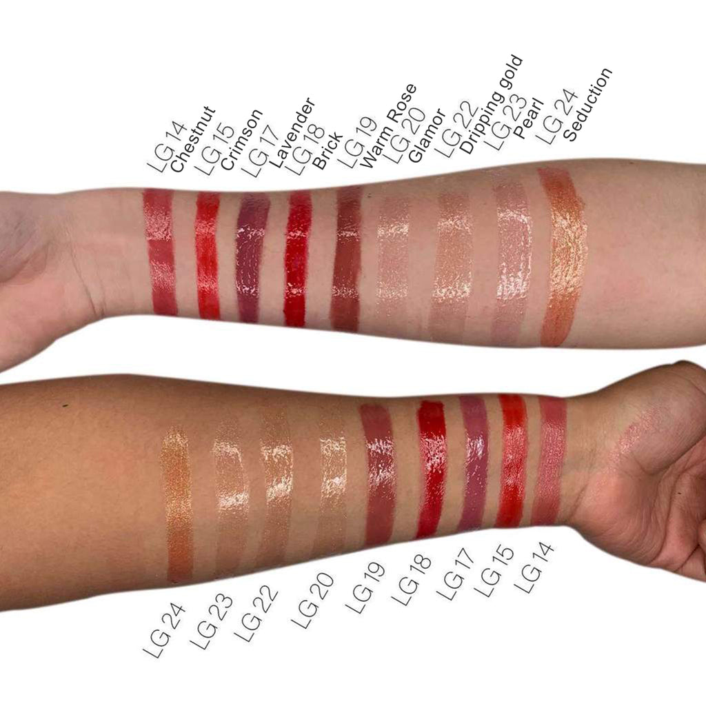 Supplier range swatch reference for tinted lip gloss LG14 to LG24, not the Clear shade sold on this page.