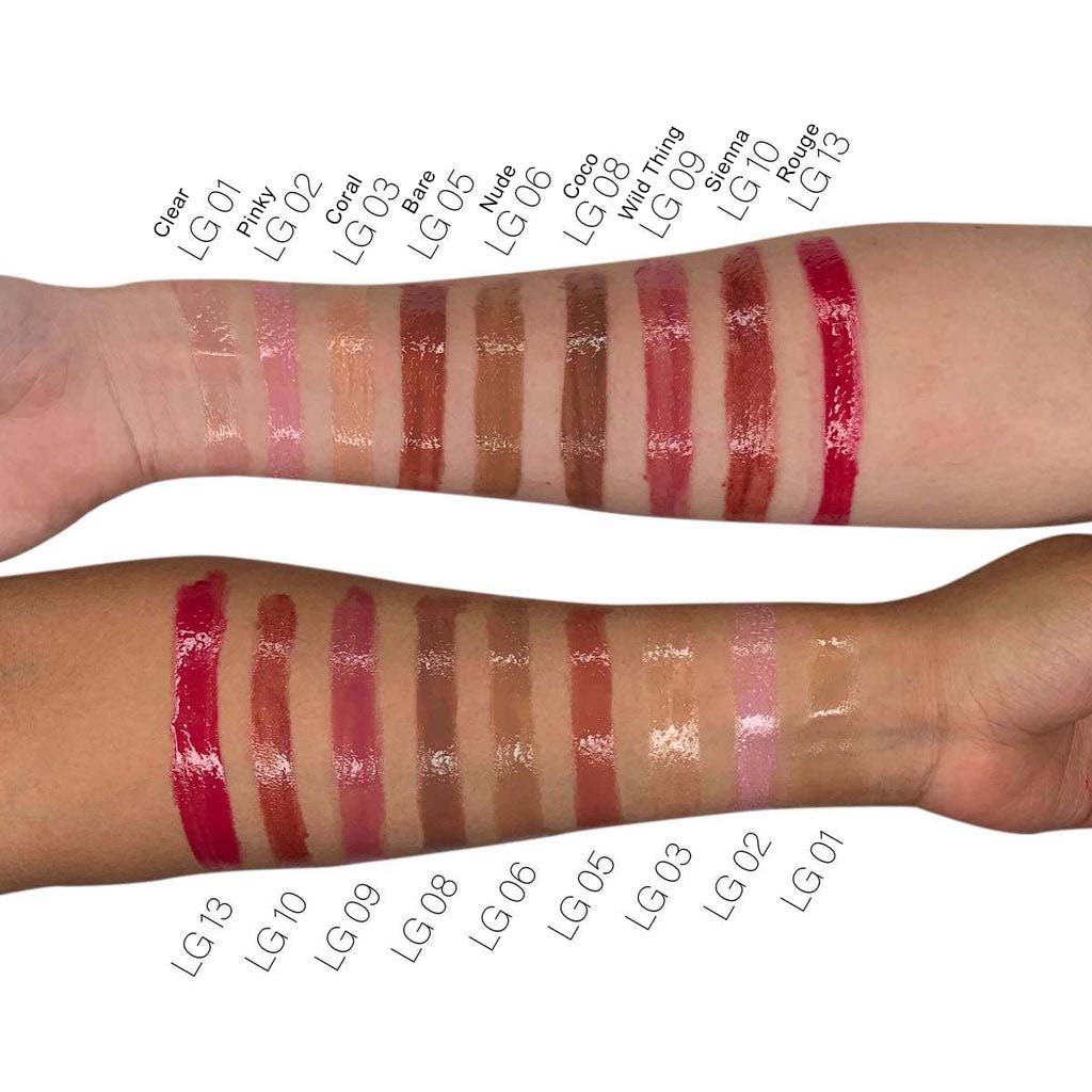 Supplier lip-gloss range swatch chart, LG01 to LG13; only LG01 Clear corresponds to this Clear listing.
