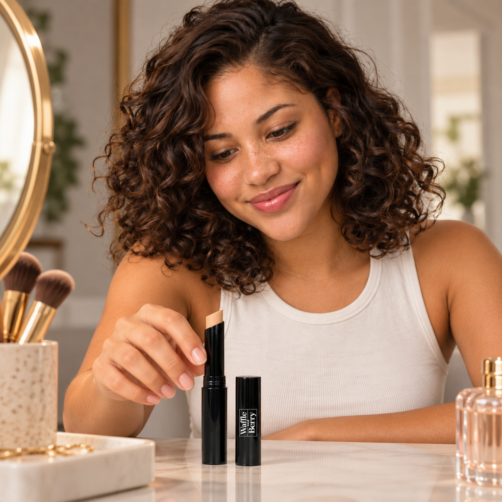 AI-generated editorial illustration of Almond LW2 concealer with fictional model Malia, vanity. Not evidence of coverage or skin results. Styling props not included; see authentic supplier image and range chart for shade.