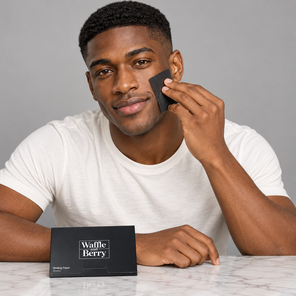 AI-generated editorial illustration of fictional model Marcus with Touch-up Blotting Papers, cheek scene; illustrative use, not proof of oil absorption or skin results. Props not included.