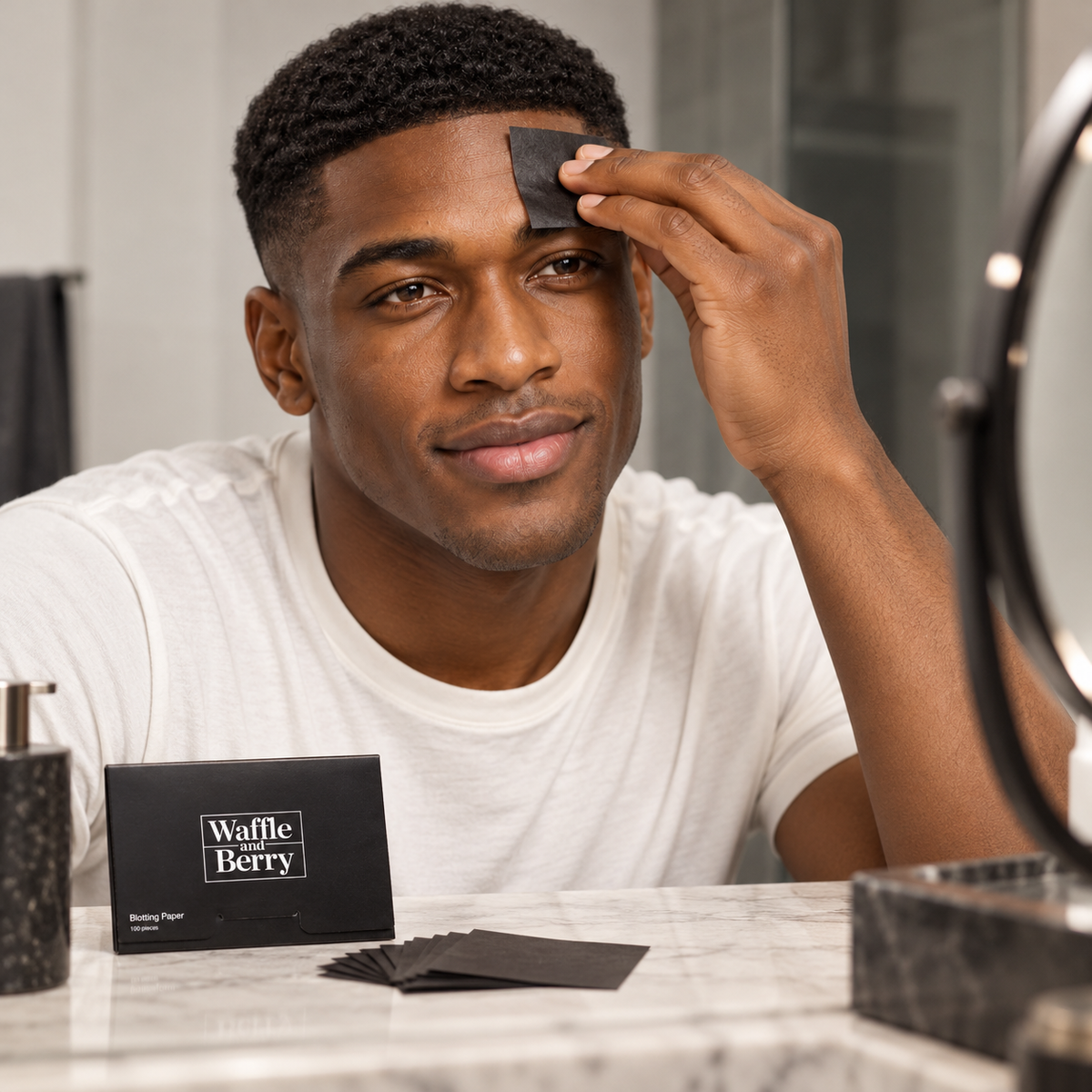 AI-generated editorial illustration of fictional model Marcus with Touch-up Blotting Papers, forehead scene; illustrative use, not proof of oil absorption or skin results. Props not included.