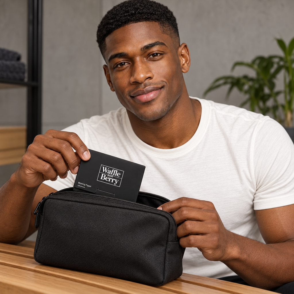 AI-generated editorial illustration of fictional model Marcus with Touch-up Blotting Papers, pouch scene; illustrative use, not proof of oil absorption or skin results. Props not included.