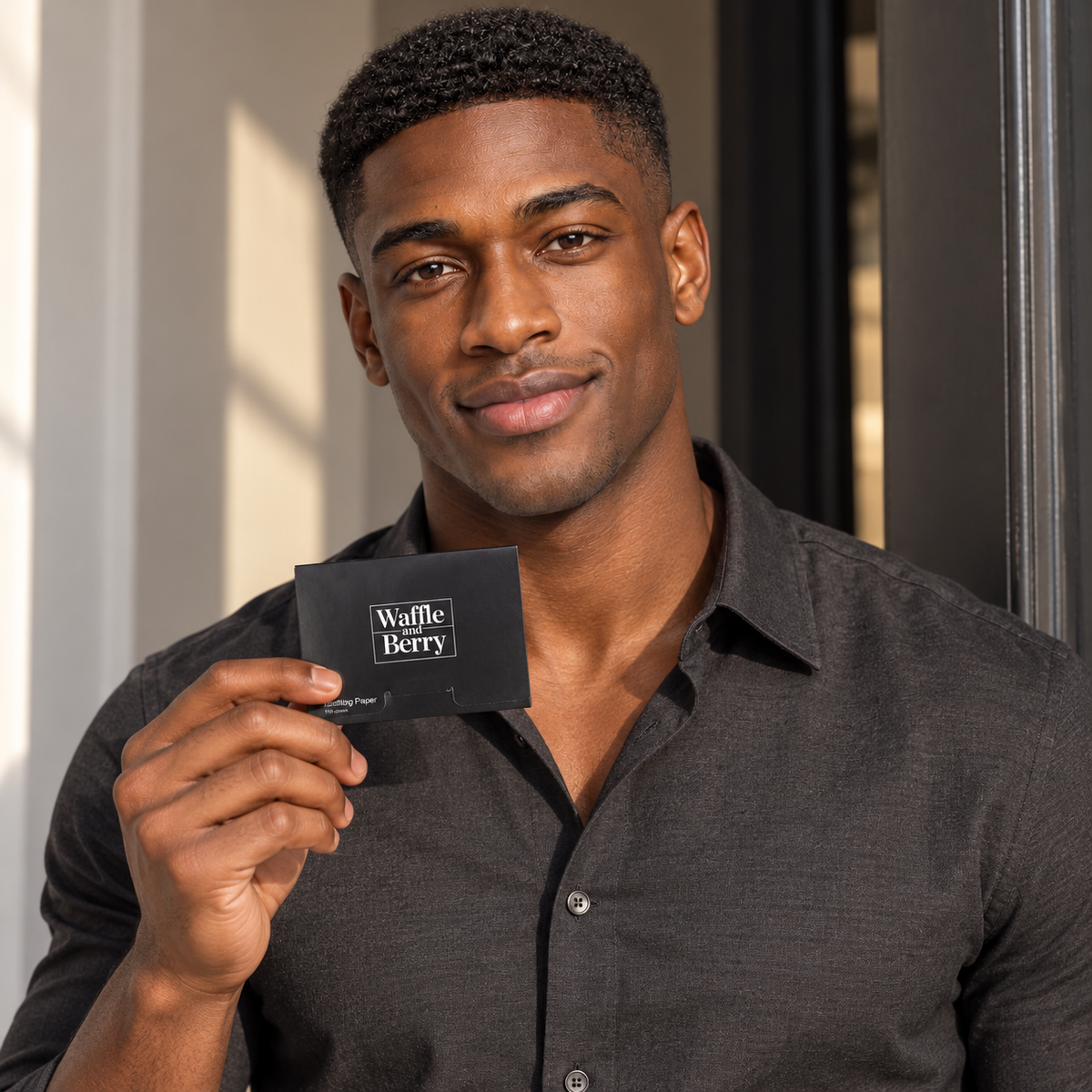 AI-generated editorial illustration of fictional model Marcus with Touch-up Blotting Papers, ready scene; illustrative use, not proof of oil absorption or skin results. Props not included.