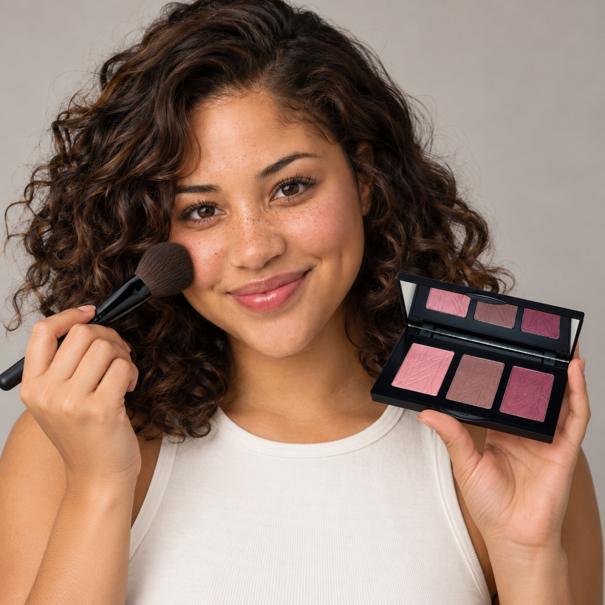AI editorial illustration of fictional model Malia with Blush Palette Journey KBL33, application scene; not a shade swatch or performance demonstration.
