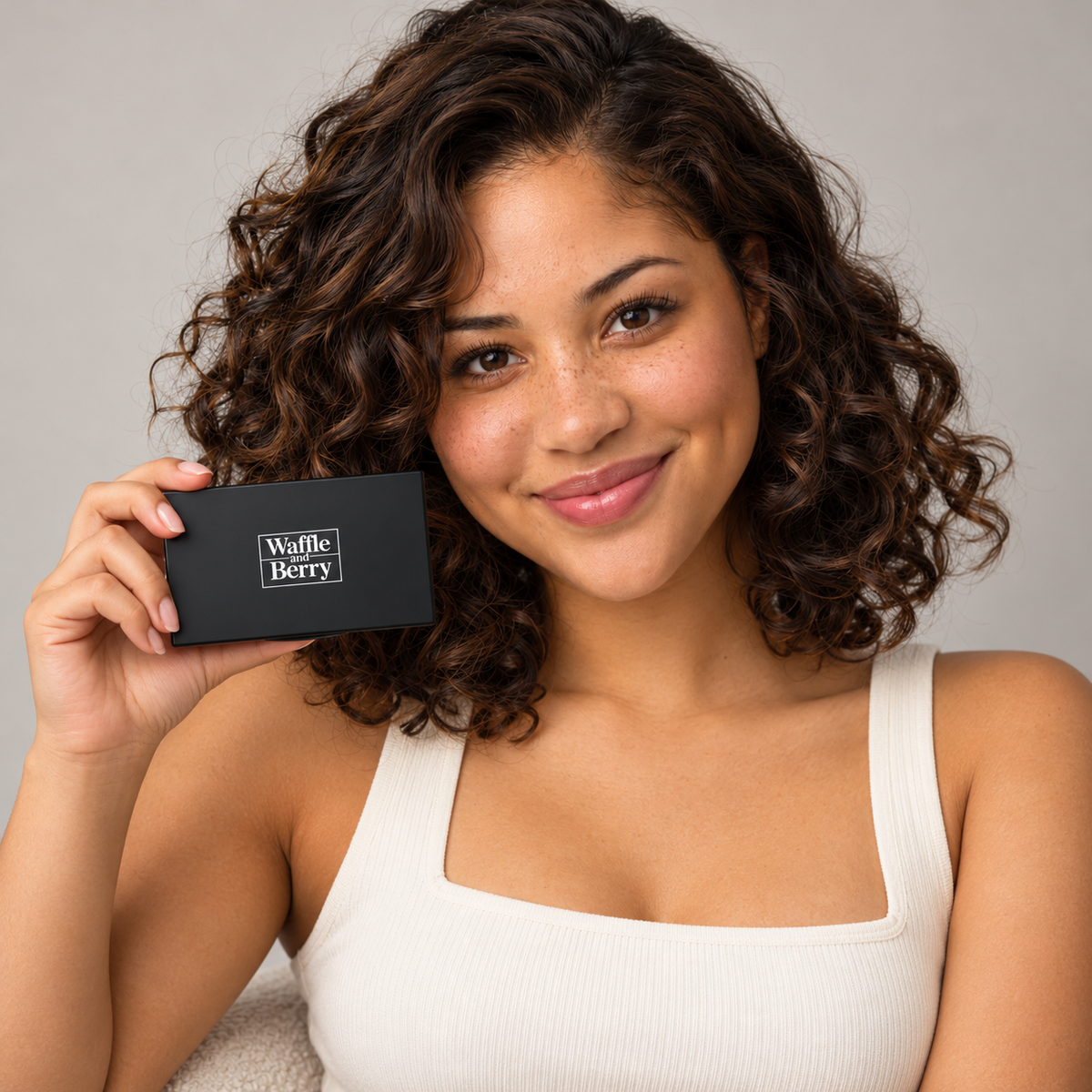 AI editorial illustration of fictional model Malia with Blush Palette Journey KBL33, holding scene; not a shade swatch or performance demonstration.