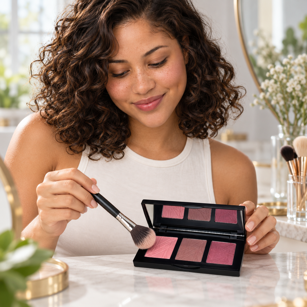 AI editorial illustration of fictional model Malia with Blush Palette Journey KBL33, selecting scene; not a shade swatch or performance demonstration.