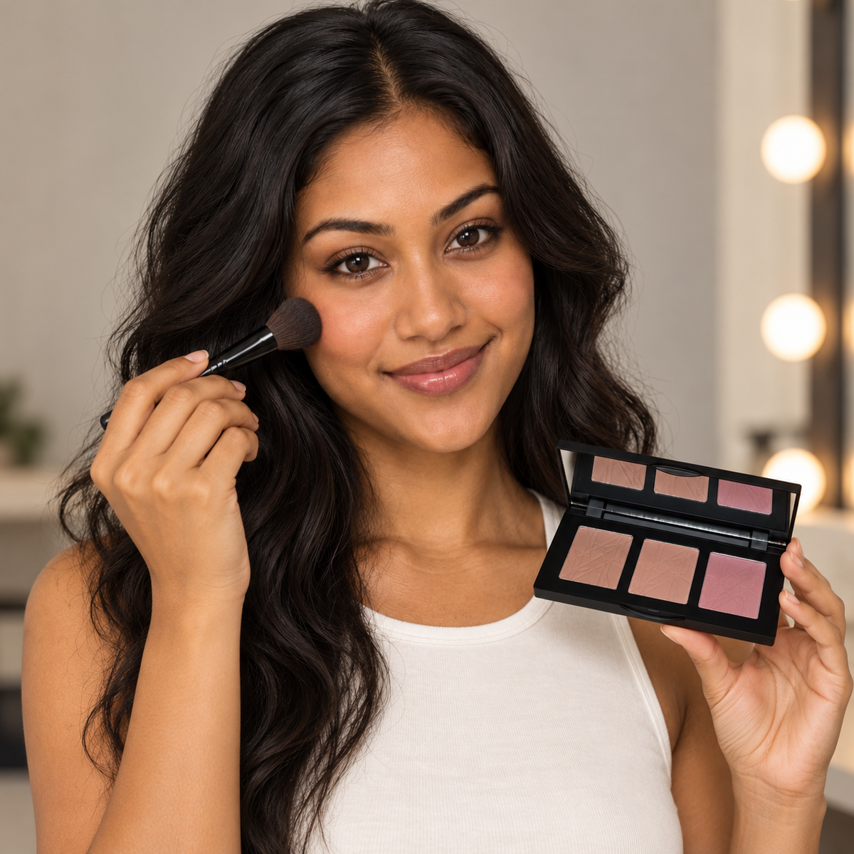 AI editorial illustration of fictional model Leilani with Blush Palette Pinch, application scene; not a shade swatch or performance demonstration.