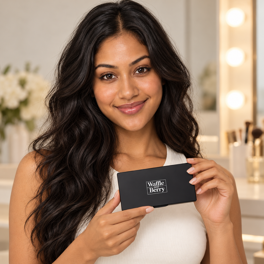 AI editorial illustration of fictional model Leilani with Blush Palette Pinch, holding scene; not a shade swatch or performance demonstration.