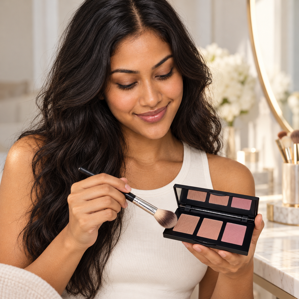 AI editorial illustration of fictional model Leilani with Blush Palette Pinch, selecting scene; not a shade swatch or performance demonstration.
