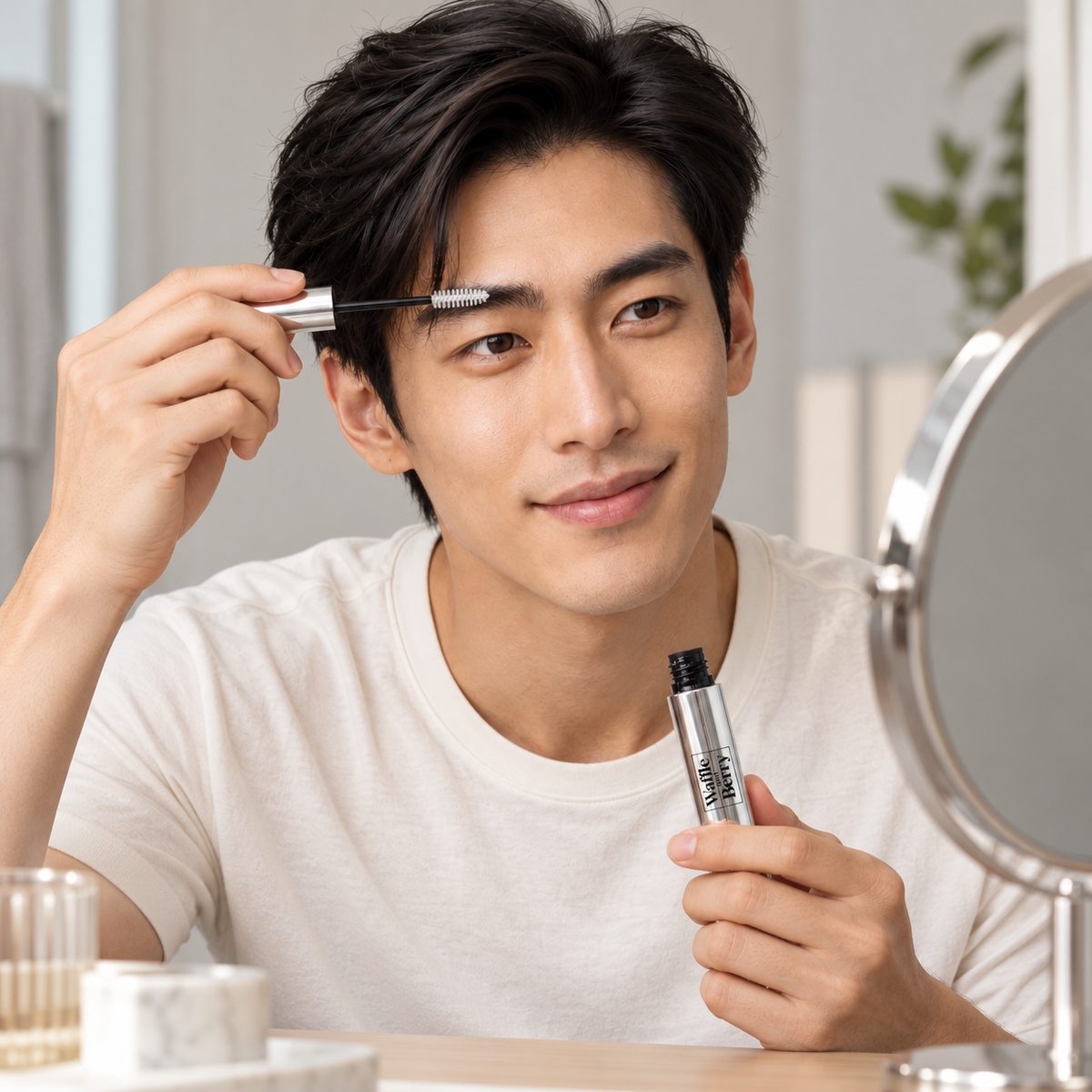 AI-generated editorial illustration of fictional model Adrian with Waffle and Berry Clear eyebrow gel, application scene; not evidence of brow results. Styling props not included.