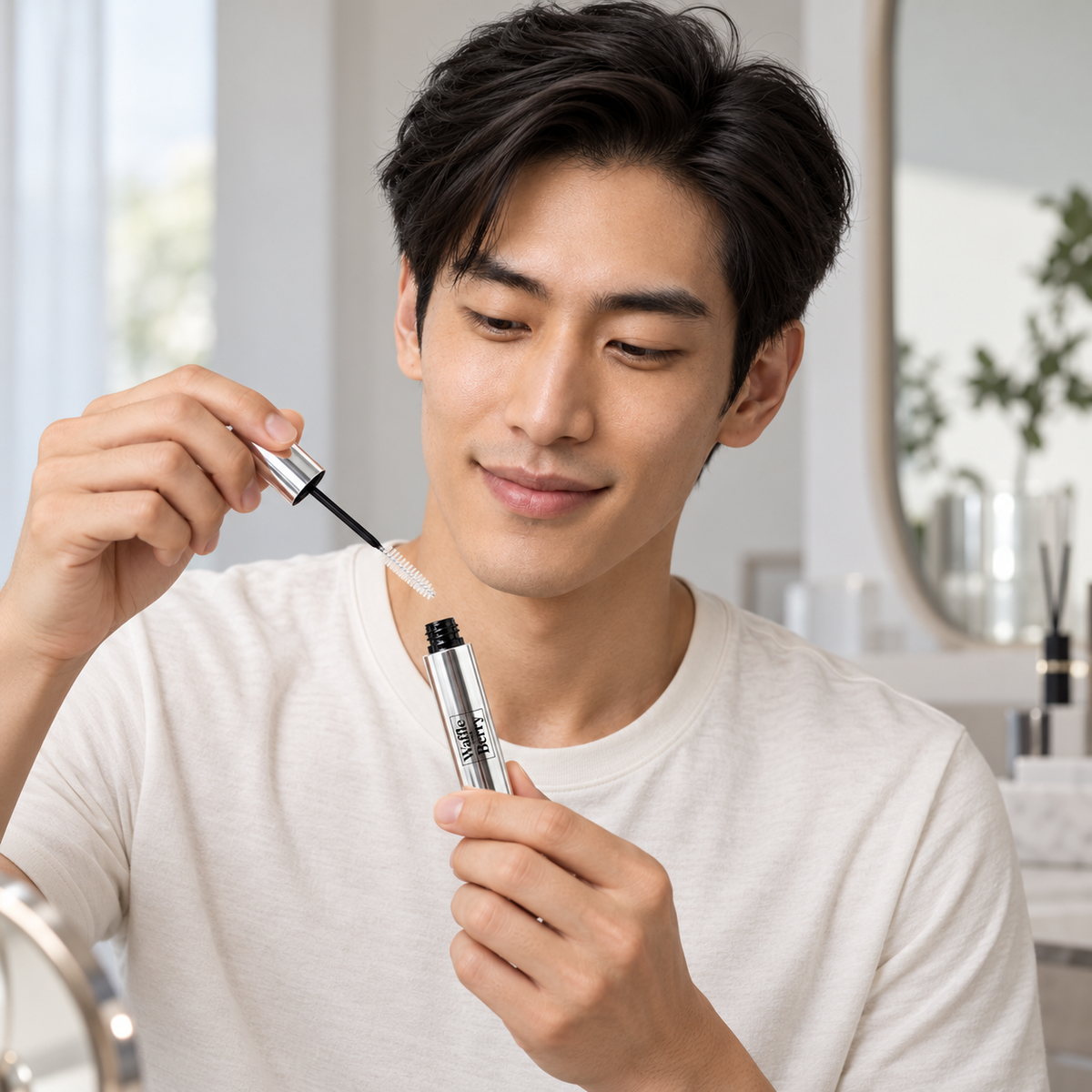 AI-generated editorial illustration of fictional model Adrian with Waffle and Berry Clear eyebrow gel, opening scene; not evidence of brow results. Styling props not included.