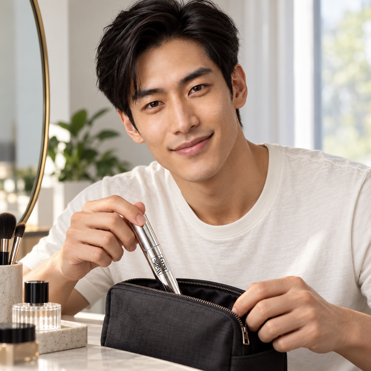 AI-generated editorial illustration of fictional model Adrian with Waffle and Berry Clear eyebrow gel, pouch scene; not evidence of brow results. Styling props not included.