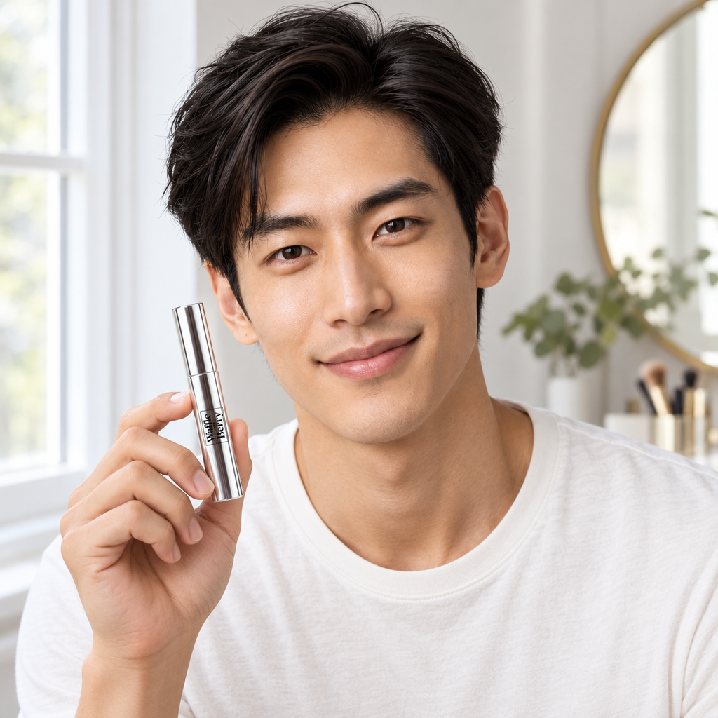 AI-generated editorial illustration of fictional model Adrian with Waffle and Berry Clear eyebrow gel, ready scene; not evidence of brow results. Styling props not included.