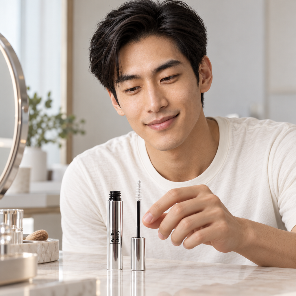 AI-generated editorial illustration of fictional model Adrian with Waffle and Berry Clear eyebrow gel, vanity scene; not evidence of brow results. Styling props not included.