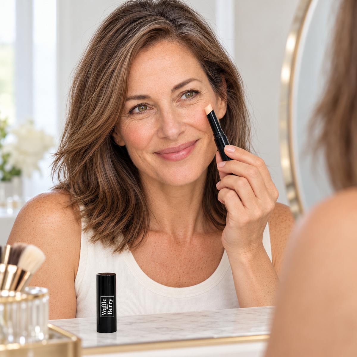 AI-generated editorial illustration of Butter LW1 concealer with fictional model Claire, prepare. Not evidence of coverage or skin results; styling props not included. Refer to supplier product image and shade chart.
