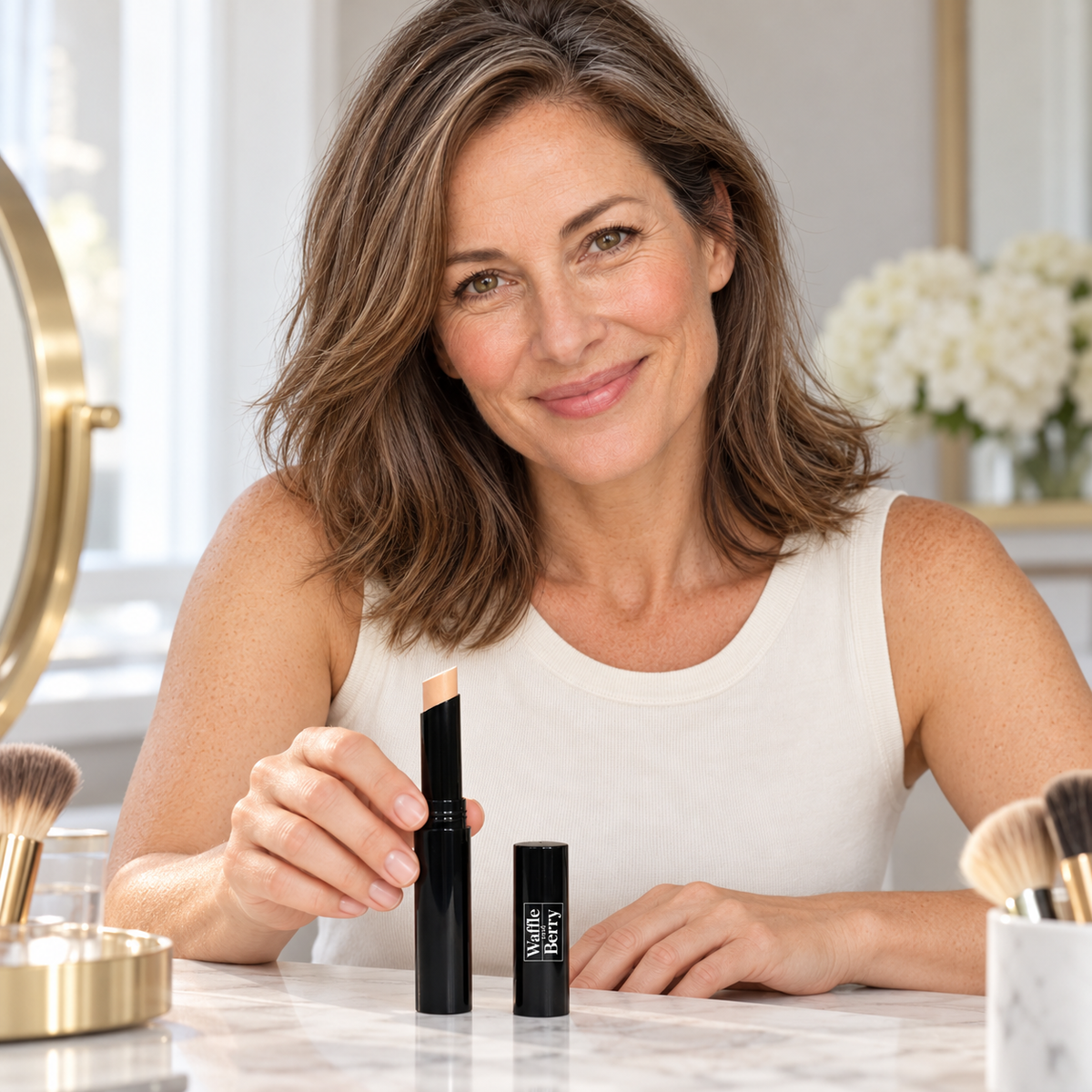 AI-generated editorial illustration of Butter LW1 concealer with fictional model Claire, vanity. Not evidence of coverage or skin results; styling props not included. Refer to supplier product image and shade chart.
