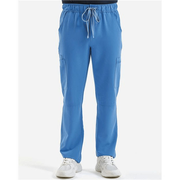 Ceil Blue men's stretch cargo scrub pants shown on a model; supplied garment reference photograph, front view.