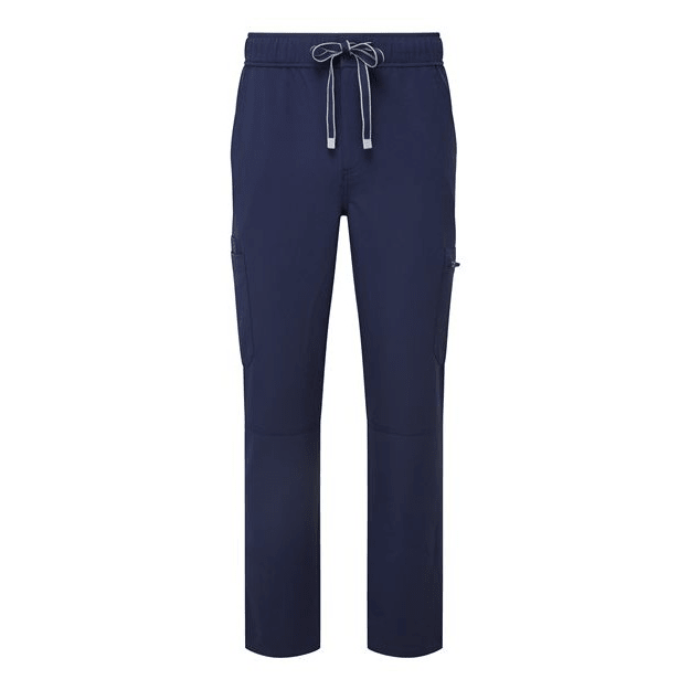 Navy men's stretch cargo scrub pants, front product-only view; supplied garment reference photograph.