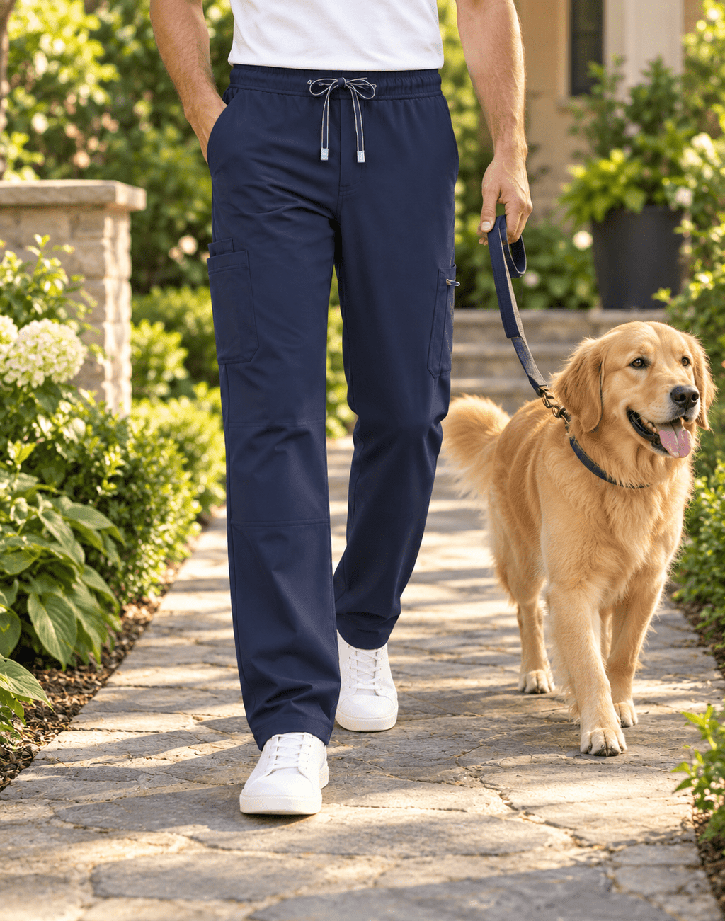 Photo-reference-based AI illustration of Navy men's cargo scrub pants worn while walking a dog outdoors; not a physical sample photograph or a real customer.