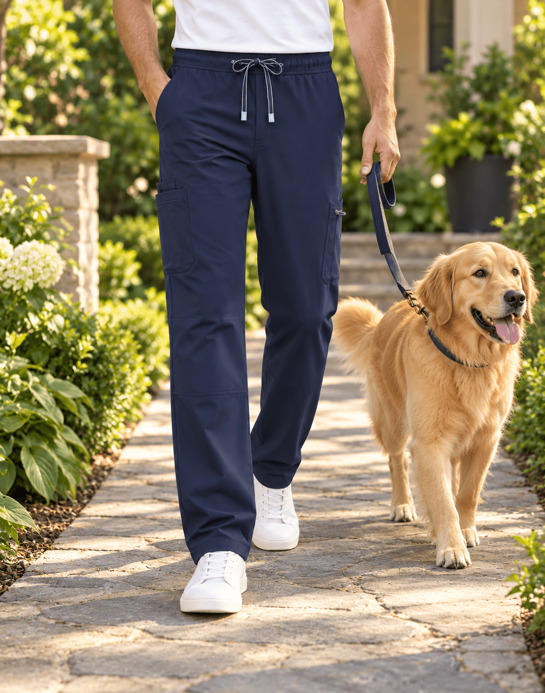 Photo-reference-based AI illustration of Navy men's cargo scrub pants worn while walking a dog outdoors; not a physical sample photograph or a real customer.