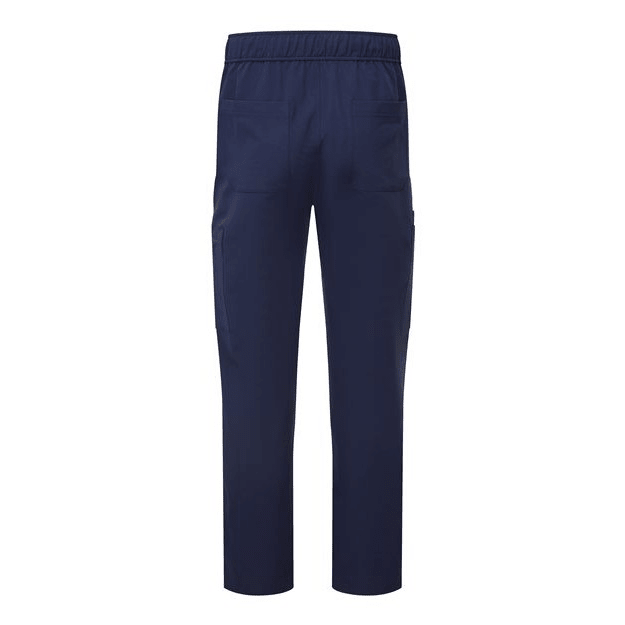 Supplied photograph of Navy cargo scrub pants, rear base-garment view. Production white Waffle and Berry print near lower rear left hem is not shown in this reference photo.