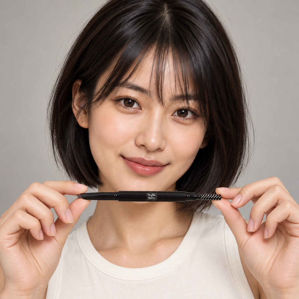 AI editorial illustration of fictional model Mei with dual-ended Charcoal eyebrow pencil, holding pose; not a shade swatch or brow-performance demonstration.