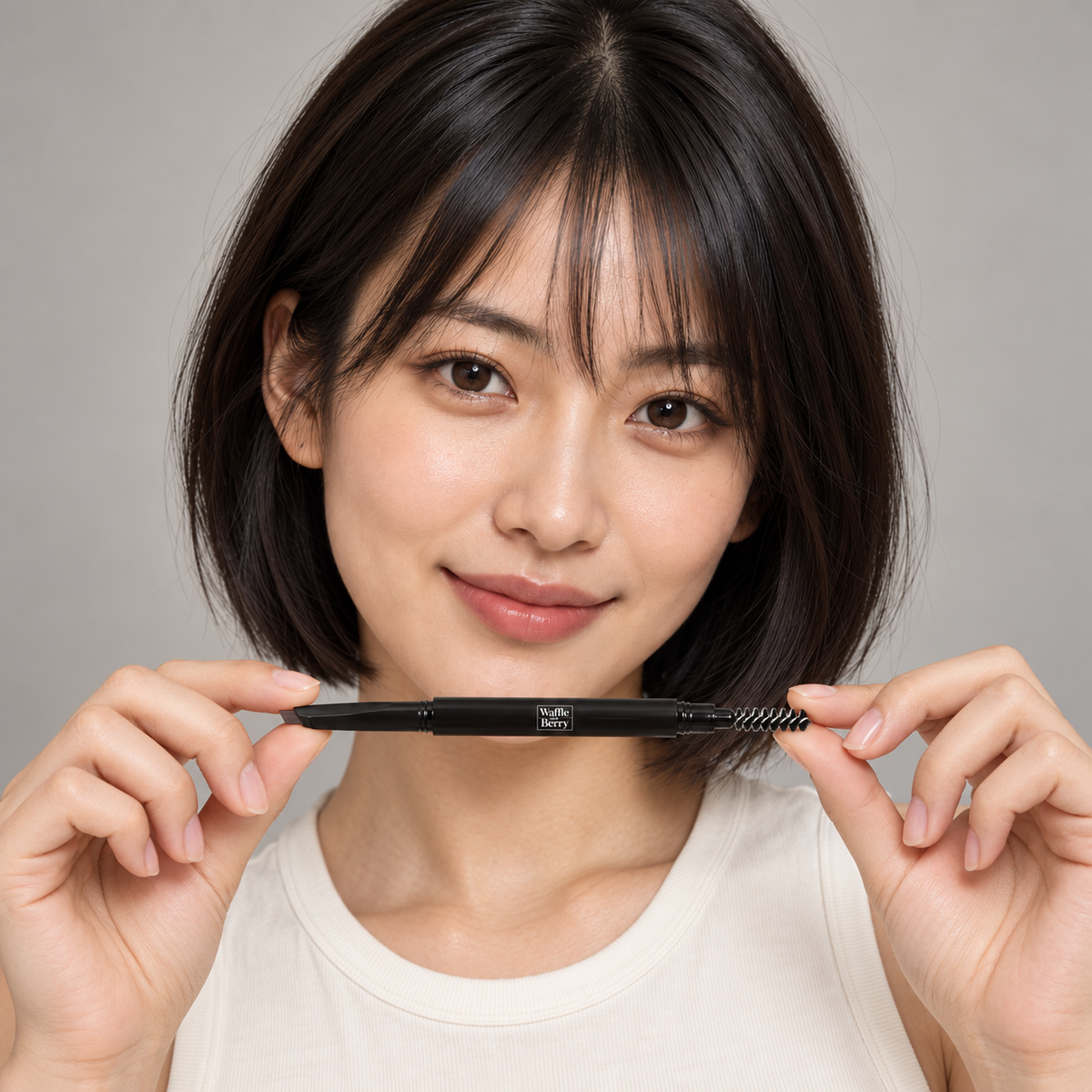 AI editorial illustration of fictional model Mei with dual-ended Charcoal eyebrow pencil, holding pose; not a shade swatch or brow-performance demonstration.