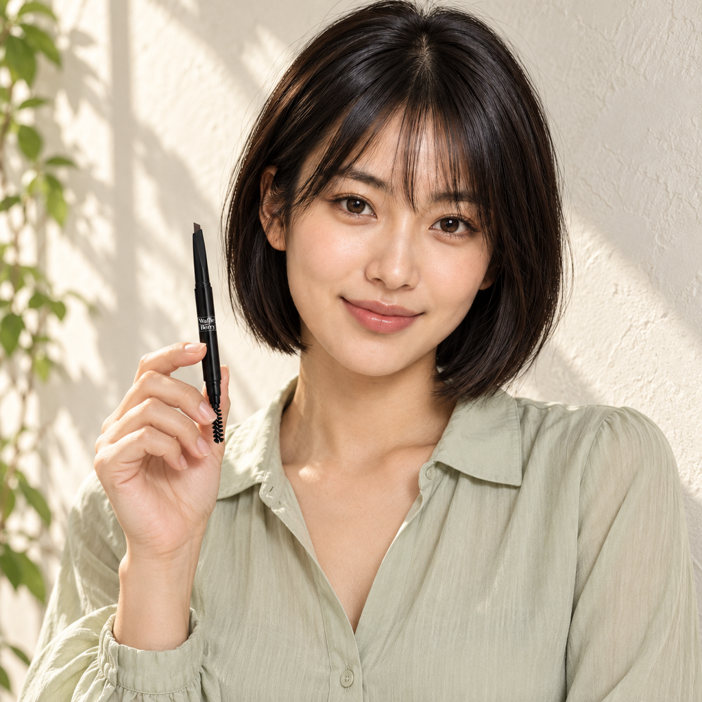 AI editorial illustration of fictional model Mei with dual-ended Charcoal eyebrow pencil, ready pose; not a shade swatch or brow-performance demonstration.