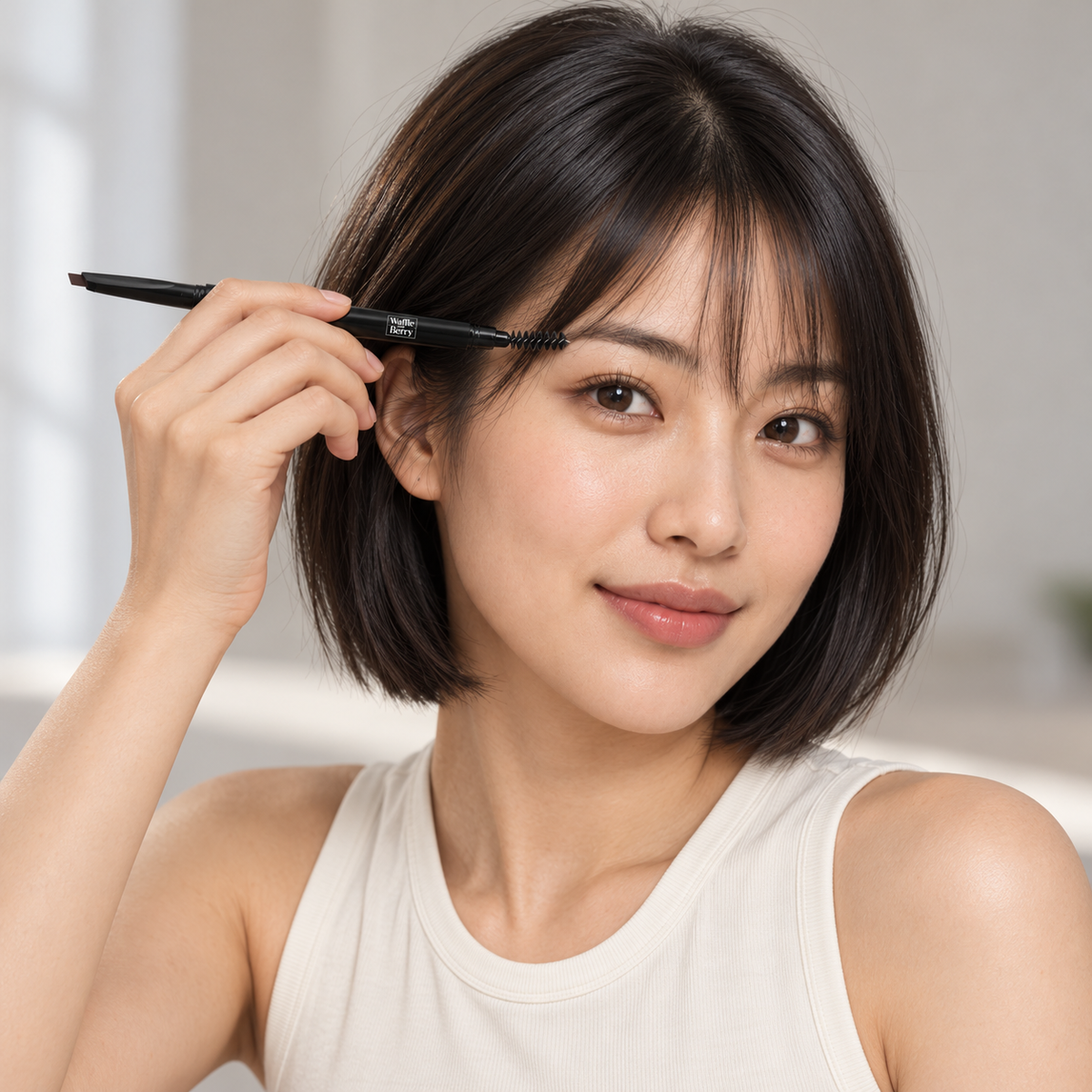 AI editorial illustration of fictional model Mei with dual-ended Charcoal eyebrow pencil, spoolie pose; not a shade swatch or brow-performance demonstration.