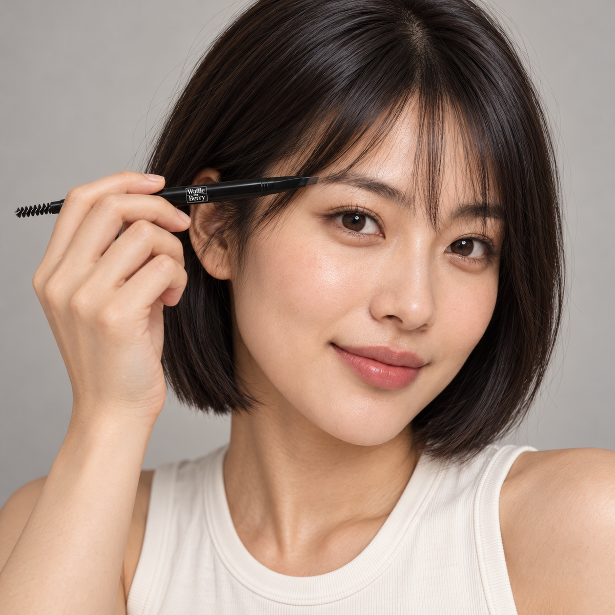 AI editorial illustration of fictional model Mei with dual-ended Charcoal eyebrow pencil, tip pose; not a shade swatch or brow-performance demonstration.