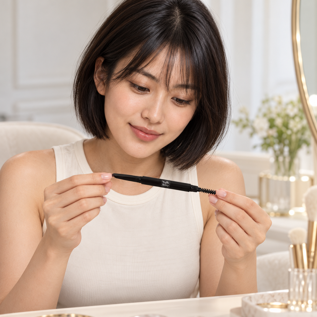 AI editorial illustration of fictional model Mei with dual-ended Charcoal eyebrow pencil, vanity pose; not a shade swatch or brow-performance demonstration.