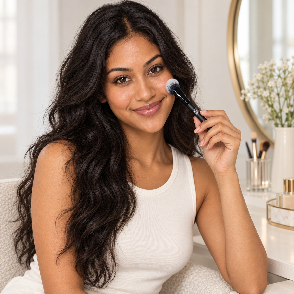AI editorial illustration of fictional cast model Leilani with Cheek Fan Brush, cheek scene; not a performance or color-result demonstration.