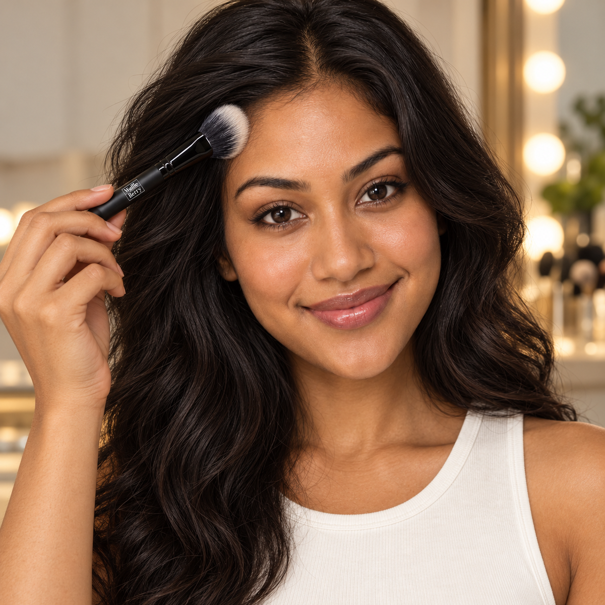AI editorial illustration of fictional cast model Leilani with Cheek Fan Brush, hairline scene; not a performance or color-result demonstration.