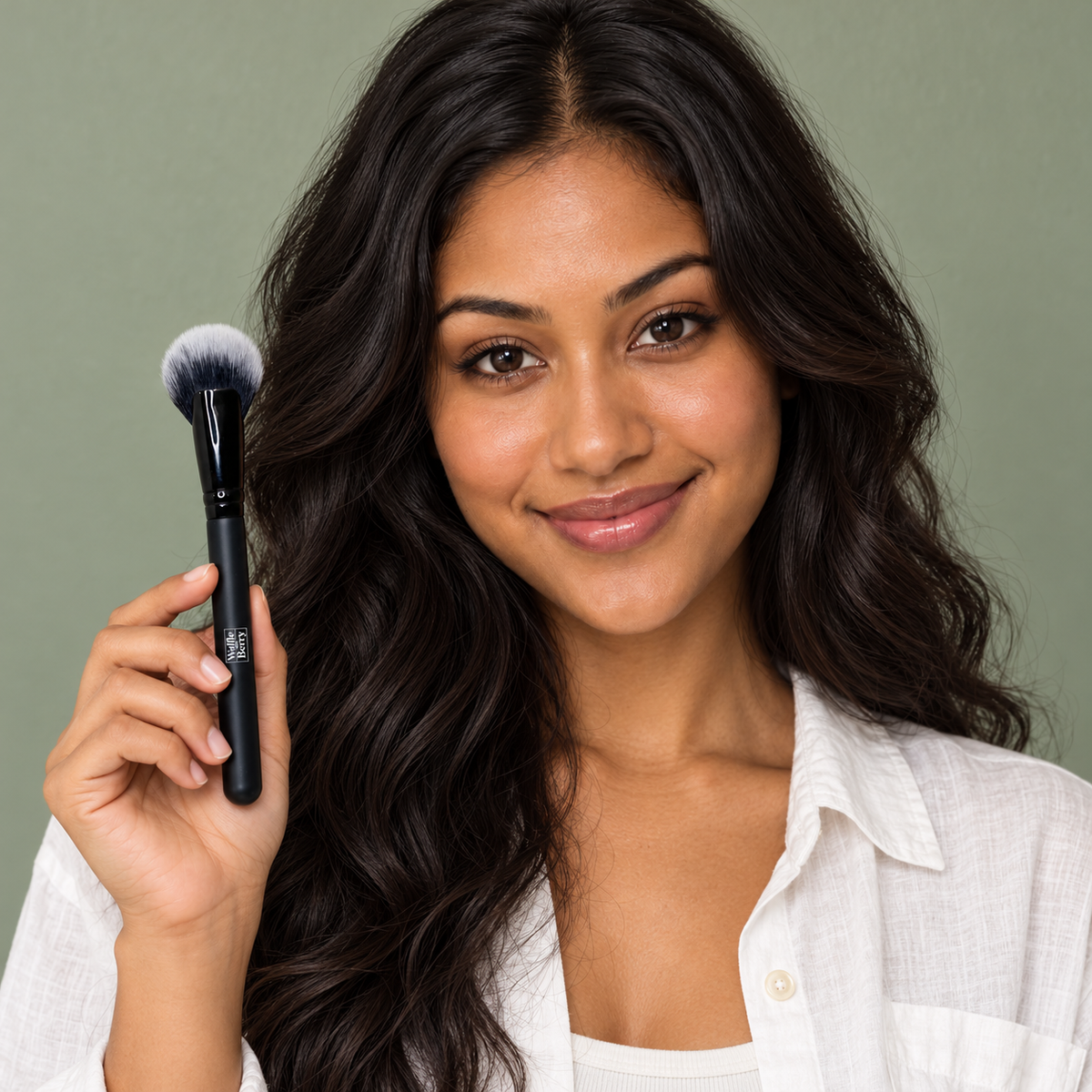 AI editorial illustration of fictional cast model Leilani with Cheek Fan Brush, portrait scene; not a performance or color-result demonstration.