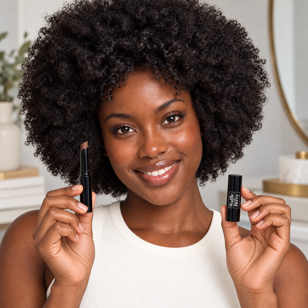 AI-generated editorial illustration of Choco DC2 concealer with fictional model Simone, holding. Not evidence of coverage or color payoff. Styling props not included; consult authentic product image and supplier shade chart.