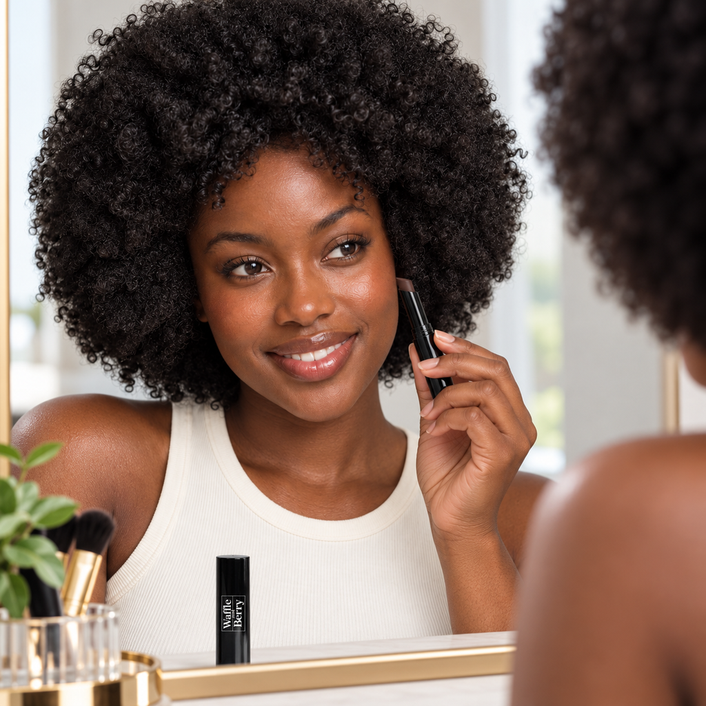 AI-generated editorial illustration of Choco DC2 concealer with fictional model Simone, prepare. Not evidence of coverage or color payoff. Styling props not included; consult authentic product image and supplier shade chart.