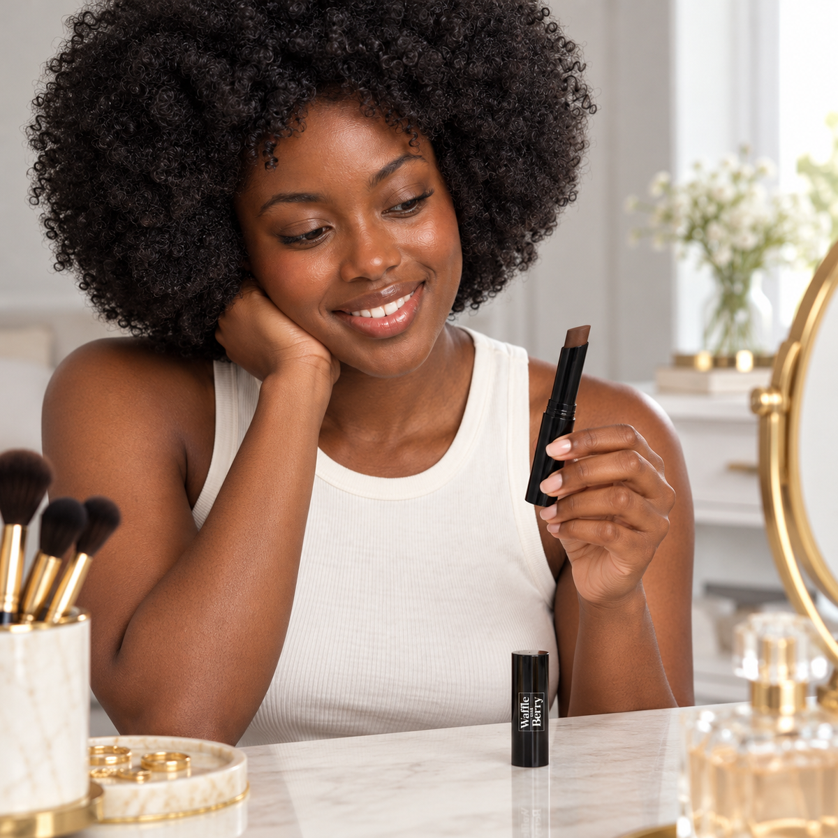 AI-generated editorial illustration of Choco DC2 concealer with fictional model Simone, vanity. Not evidence of coverage or color payoff. Styling props not included; consult authentic product image and supplier shade chart.