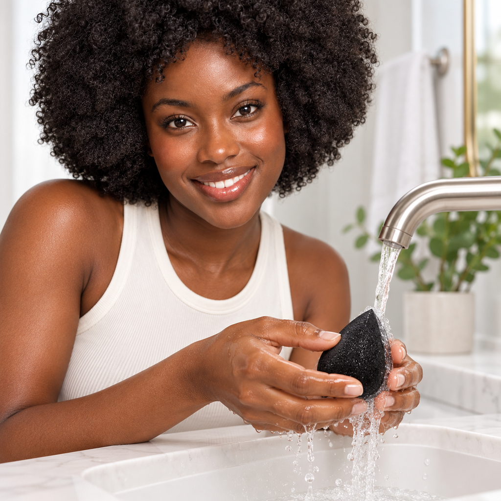 AI-generated editorial illustration of fictional model Simone rinsing Classic Blender with water.